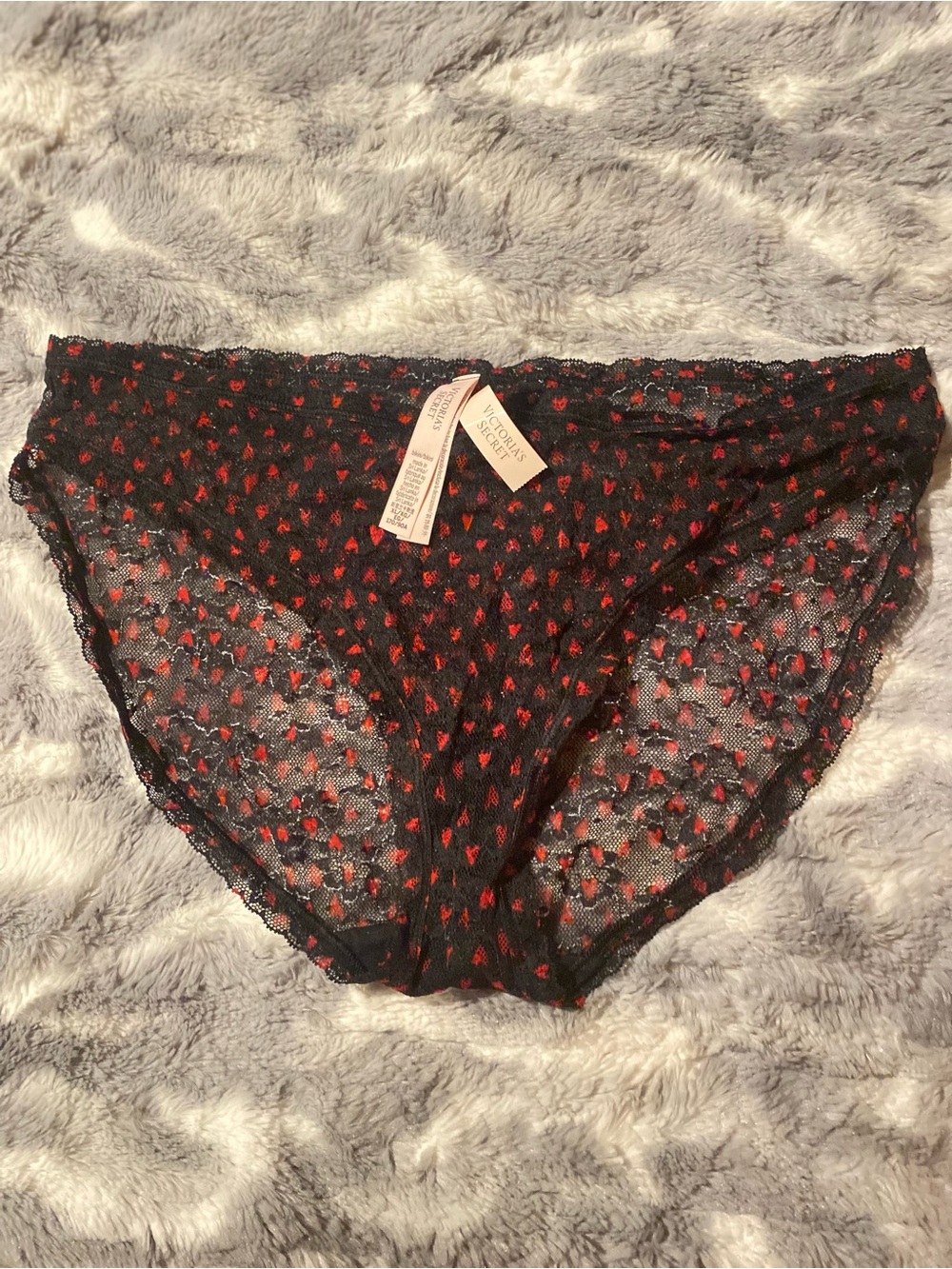 Victoria's Secret Black Lace Bikini Panty with Red Heart Pattern